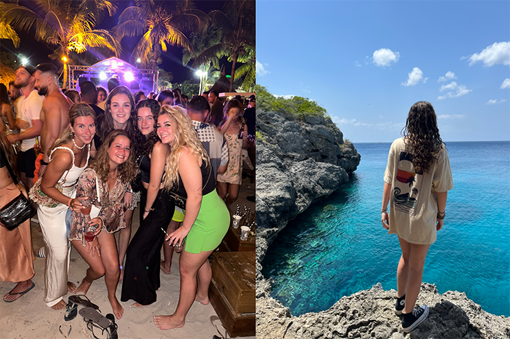 Melissa Massey met haar huisgenoten op een feest in de buitenlucht en een tweede foto van Melissa die uitkijkt over het helblauwe zeewater van Curaçao